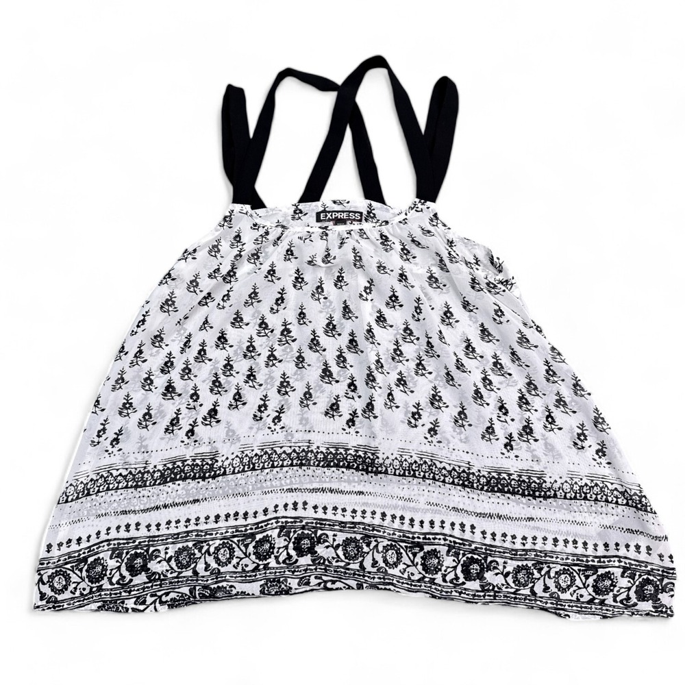 Express Blouse‎ Top Womens Size XS White Black Floral Sleeveless Lightweight